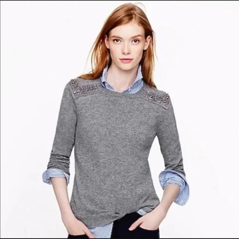 J.Crew Gray Embellished Cashmere & Wool Sweater